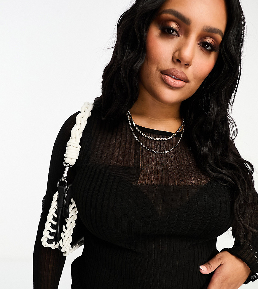 ASOS DESIGN Curve knitted top with sheer asymmetric detail in black