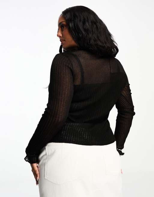 ASOS DESIGN Curve knitted top with sheer asymmetric detail in black, 2 of 4