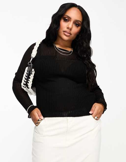 ASOS DESIGN Curve knitted top with sheer asymmetric detail in black, 4 of 4