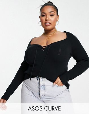 Asos Curve Asos Design Curve Knitted Top With Sweetheart Neck And Lace Up Front Detail In Black