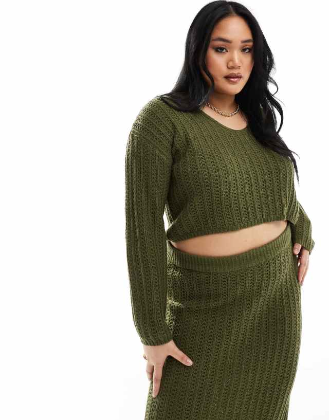 ASOS Curve - ASOS DESIGN Curve knitted v neck crop jumper in open stitch co-ord in khaki