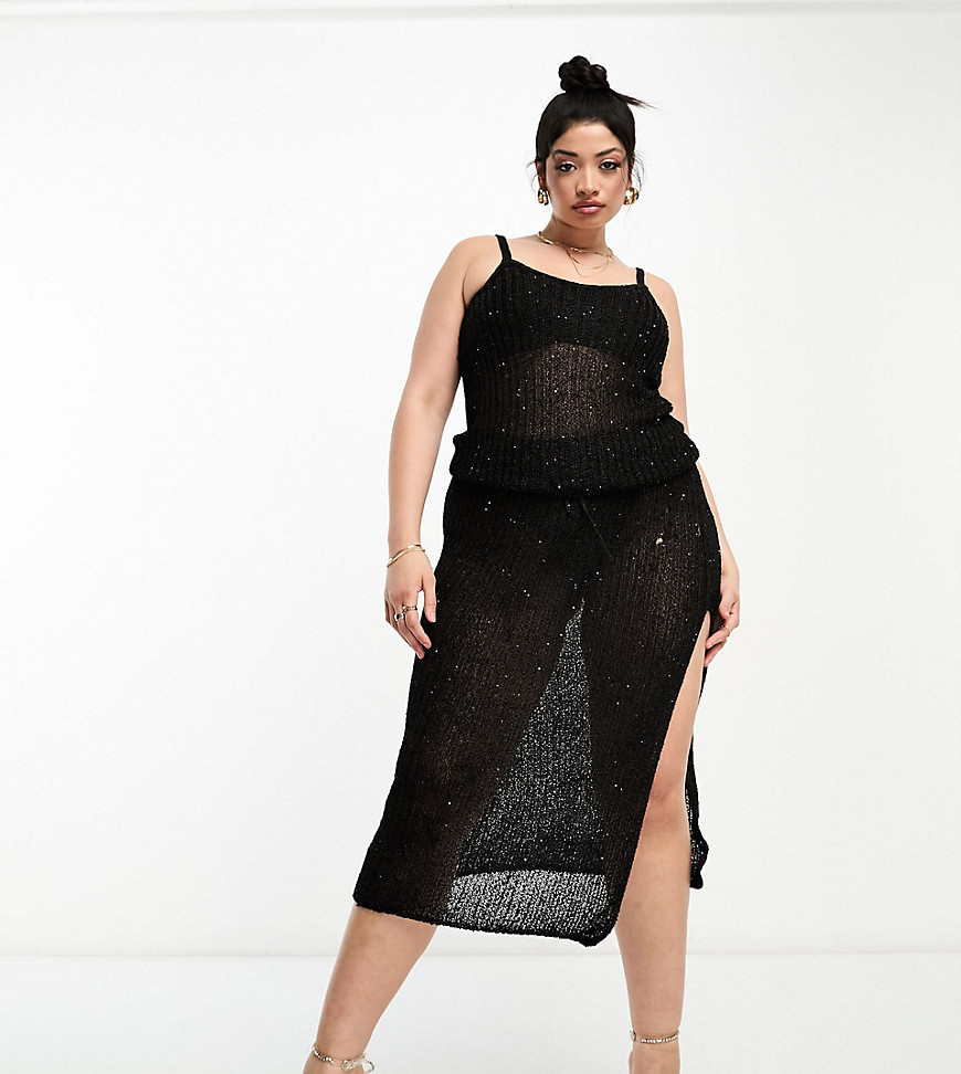 ASOS DESIGN Curve knitted vest top in sequin yarn in black co-ord
