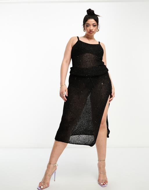 ASOS DESIGN Curve knitted vest top and skirt in sequin yarn in