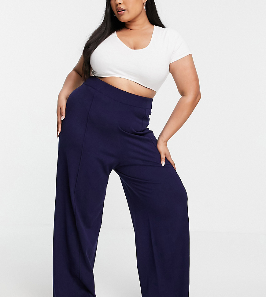 ASOS DESIGN Curve knitted wide leg pant with front seam detail in navy - part of a set