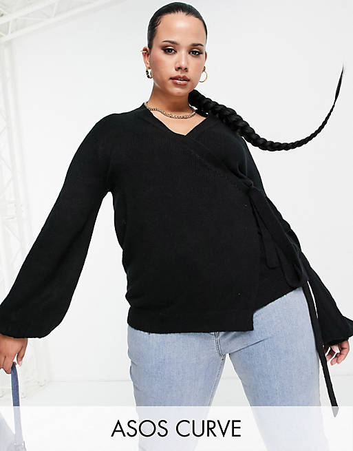 Women Curve knitted wrap around waist cardigan with balloon sleeve in black 
