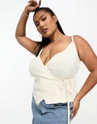 ASOS DESIGN Curve knitted wrap cami in mixed stitch in cream-White