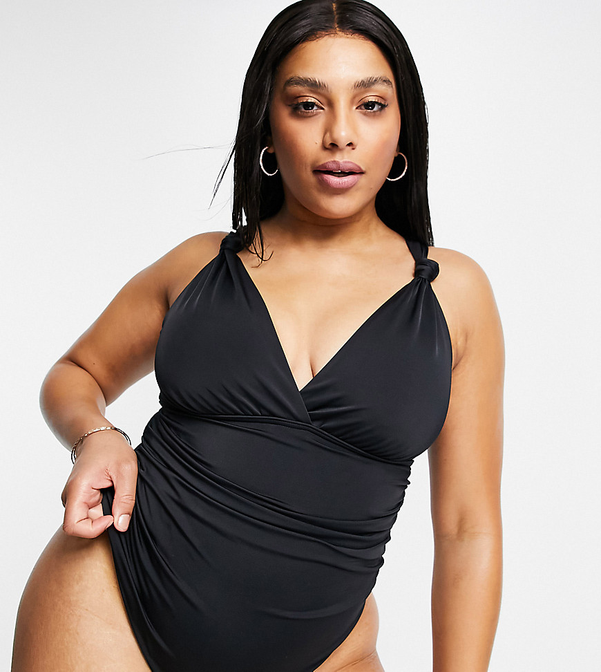 ASOS DESIGN curve knot detail sculpting supportive swimsuit in black