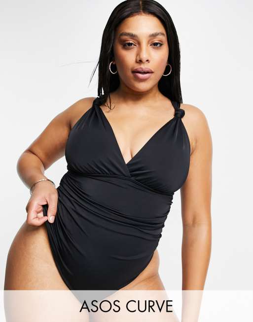 ASOS DESIGN curve knot detail sculpting supportive swimsuit in black