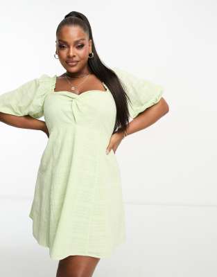 Asos Design Curve Knot Front Mini Dress In Check Dobby In Apple-Green