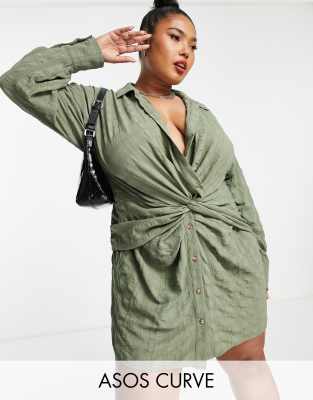 ASOS DESIGN Curve knot front mini shirt dress in khaki-Green