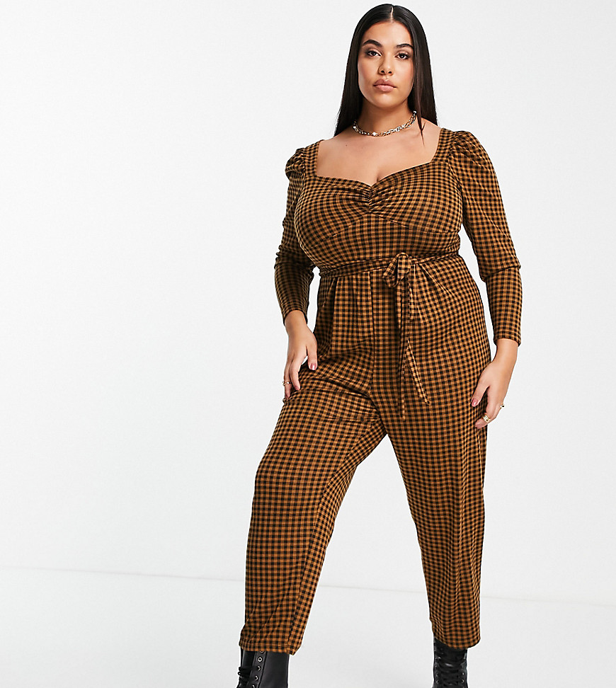 ASOS DESIGN Curve knot front puff sleeve skinny leg jumpsuit in gingham check-Multi