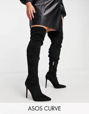 Asos Design Petite Koko Heeled Over The Knee Boots In Black Micro