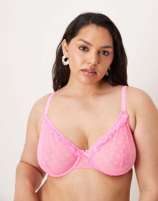 ASOS DESIGN Curve – Koko – Rosa, blommig bygelbehå i mesh med textur och volang, 2 av 4