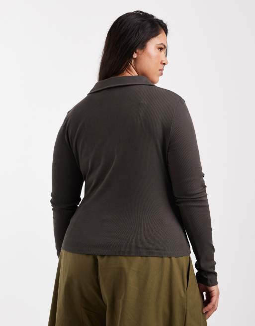 ASOS DESIGN Curve - Koksgrå krympet Henley-trøje med ribber og lange ærmer, 3 af 4