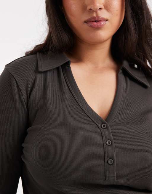 ASOS DESIGN Curve - Koksgrå krympet Henley-trøje med ribber og lange ærmer, 4 af 4