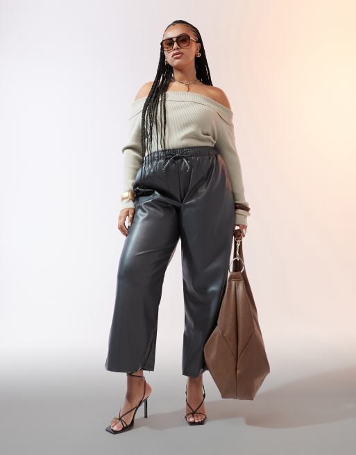 ASOS DESIGN Curve - Koksgrå pull on-bukser med vidde i imiteret læder