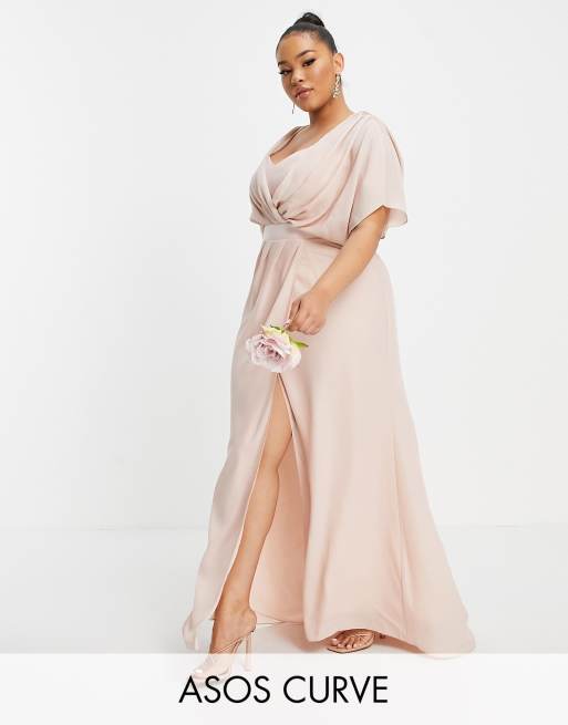 ASOS DESIGN Curve – Koktajlowa sukienka maxi dla druhny z krótkim rękawem, drapowanym przodem i guzikiem z tyłu