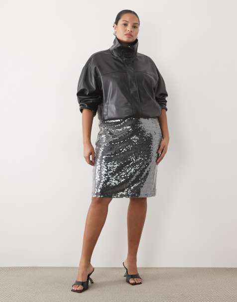 ASOS DESIGN Curve Kombiteil-Midirock in Bleistiftform mit Pailletten in Gunmetal - view 1