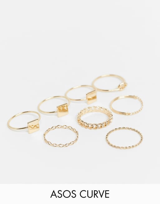 ASOS DESIGN Curve – Komplet 7 pierścionków w kolorze złota, mieszane wzory