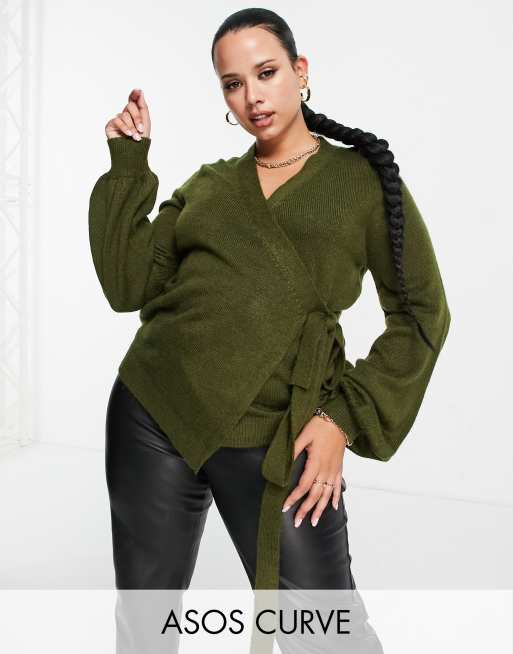 ASOS DESIGN Curve – Kopertowy kardigan z wiązaniem w talii i balonowymi rękawami w kolorze khaki