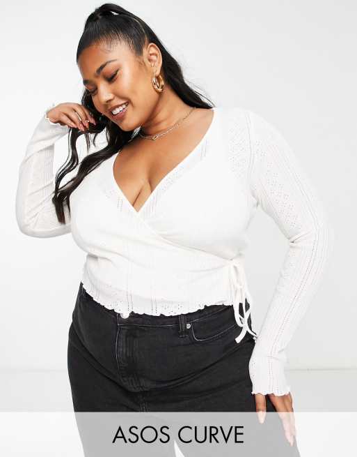 ASOS DESIGN Curve – Kopertowy top w kolorze ecru z materiału o splocie pointelle