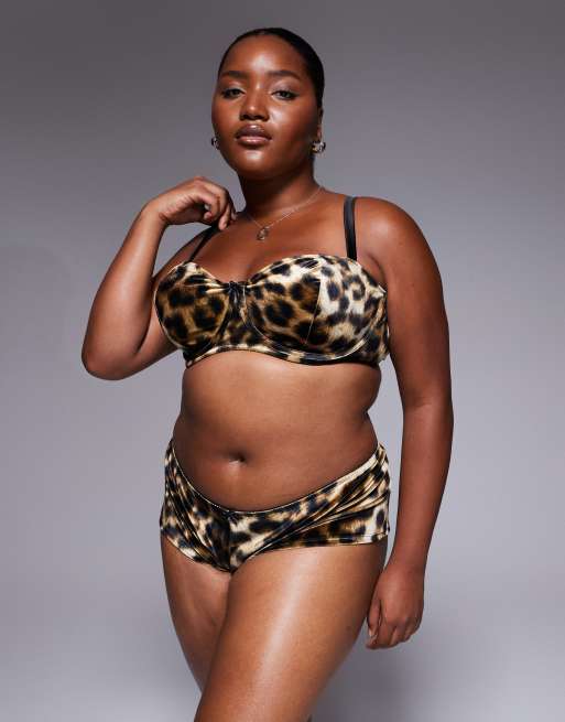 ASOS DESIGN Curve – Kora – Brązowy aksamitny zestaw bielizny w panterkę, 2 z 4