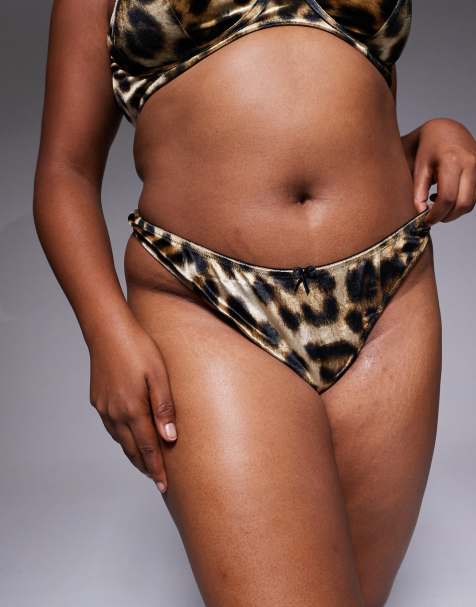ASOS DESIGN Curve Kora leopard velvet high leg lingerie thong in brown - view 1