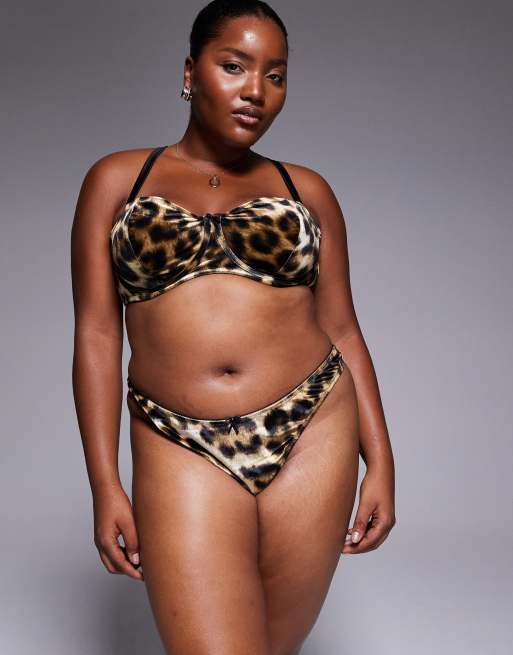 ASOS DESIGN Curve Kora leopard velvet high leg thong in brown, 4 of 4