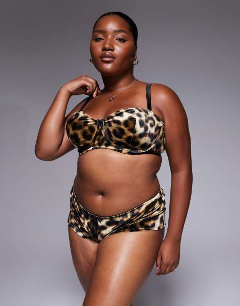 ASOS DESIGN Curve Kora Leopard velvet underwired balcony bra in brown - view 1