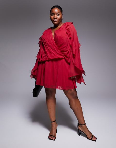 ASOS DESIGN Curve – Körsbärsröd, slouchy miniklänning med klockad kjol och volangärmar - view 1