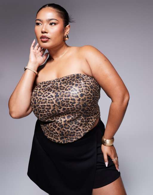 ASOS DESIGN Curve - Korset-top med leopardprint i læderlook