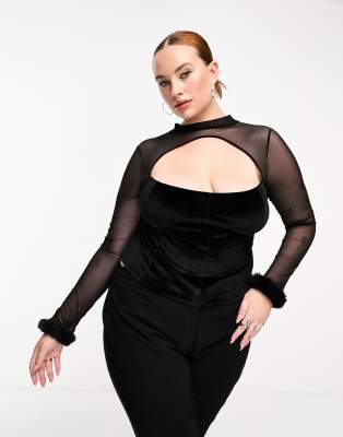 ASOS DESIGN Curve - Korsett-Oberteil aus Samt in Schwarz mit Ärmeln aus Netzstoff