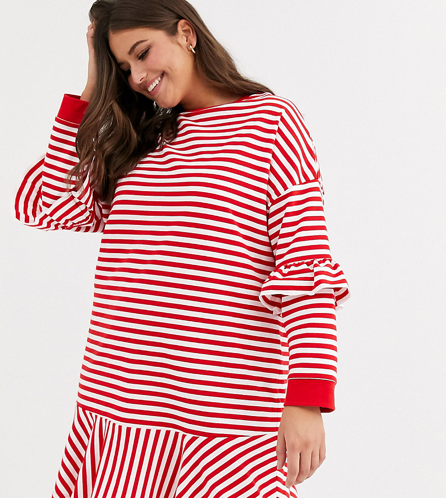 ASOS DESIGN Curve – Kort sweatshirtklänning med volang och rödvita ränder-Flerfärgad