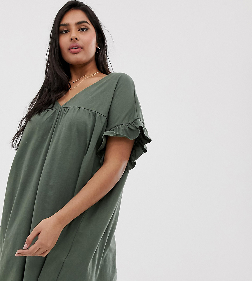 ASOS DESIGN – Curve – Kort, vändbar smockklänning i bomull med slub-Grön