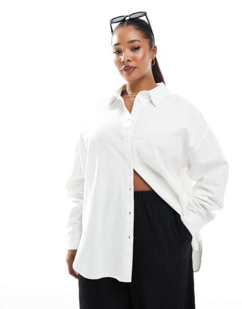 ASOS DESIGN Curve – Koszula oversize z materiału przypominającego len w kolorze złamanej bieli - view 1