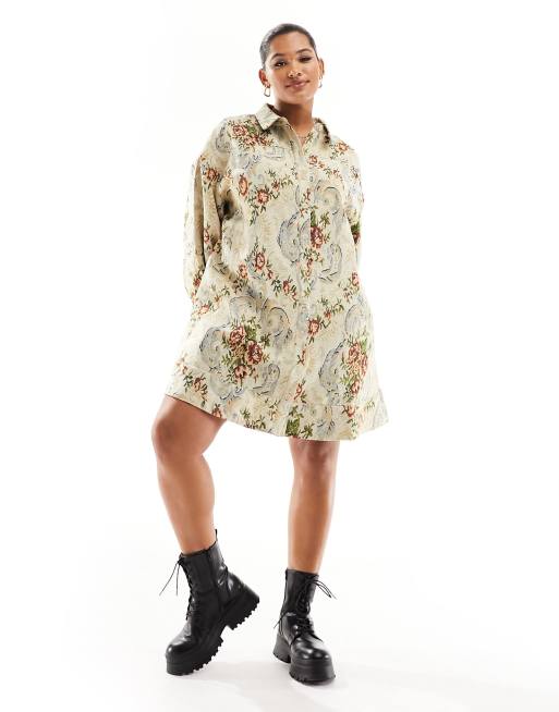 ASOS DESIGN Curve – Koszulowa sukienka nad kolano z kieszeniami z materiału gobelinowego w kwiatowy wzór