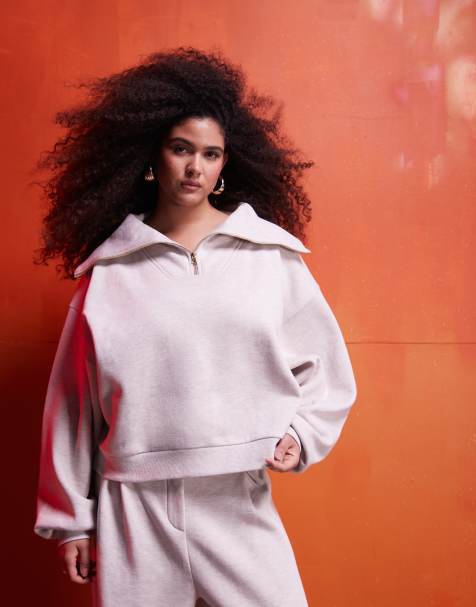 ASOS DESIGN Curve - Kraftig og havrefarvet sweatshirt med halv lynlås - Del af sæt - view 1