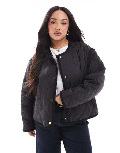 ASOS DESIGN Curve – Kragenlose Bouclé-Steppjacke in Schwarz - view 1