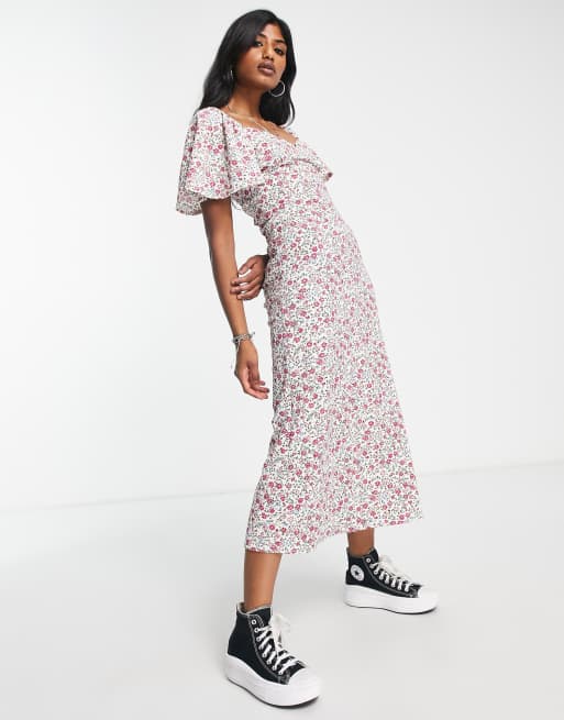 ASOS DESIGN Curve – Krämfärgad och rosa blommig midiklänning med krinklad design, utsvängda ärmar och knyt