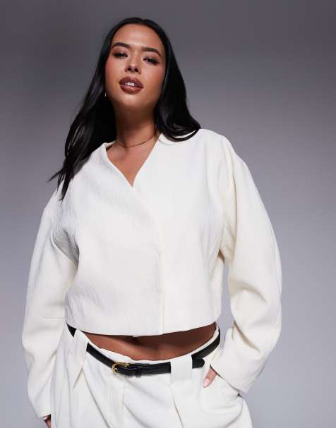 ASOS DESIGN Curve – Kremowa fakturowana krótka marynarka, część zestawu - view 1