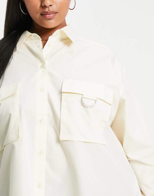 ASOS DESIGN Curve – Kremowa koszula oversize z kieszeniami w stylu roboczym, 4 z 4