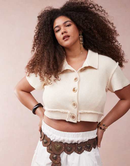 ASOS DESIGN Curve – Kremowa krótka zapinana na guziki koszula o waflowej fakturze