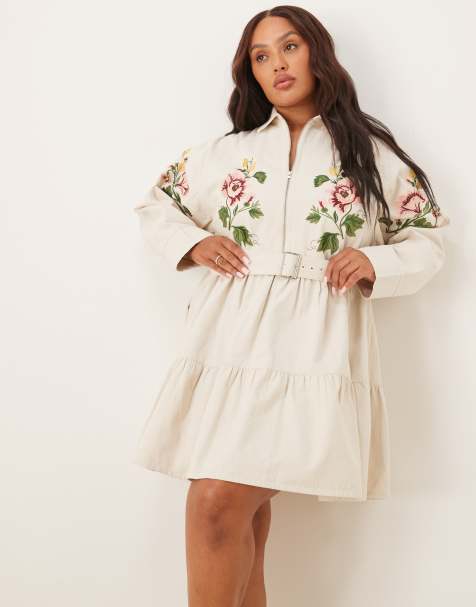 ASOS DESIGN Curve – Kremowa zapinana na zamek sukienka koszulowa mini z diagonalu z haftowanym wzorem - view 1