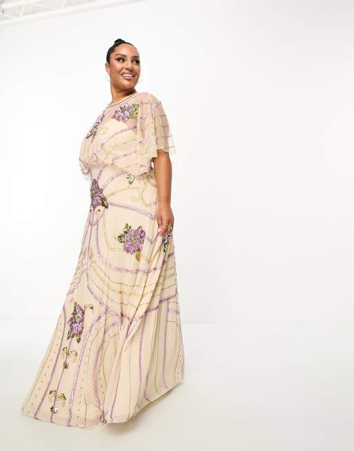 ASOS DESIGN Curve – Kremowa zdobiona sukienka maxi w kwiaty z nietoperzowymi rękawami