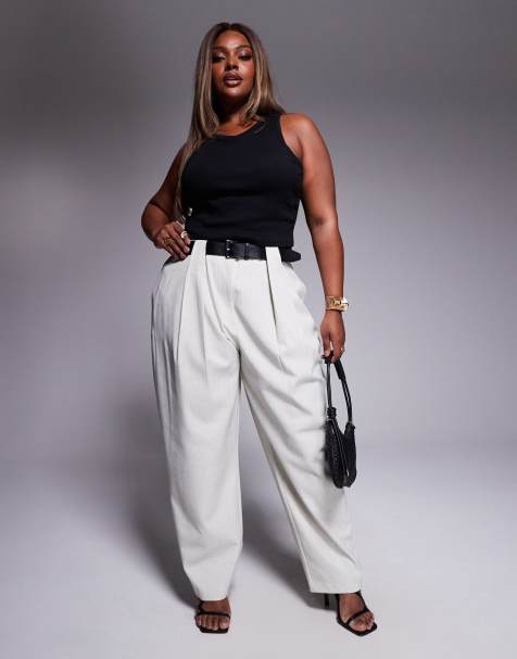 ASOS DESIGN Curve tailored textured barrel leg trousers with belt in cream