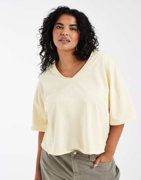ASOS DESIGN Curve – Kremowożółty luźny T-shirt z dekoltem w szpic - view 1