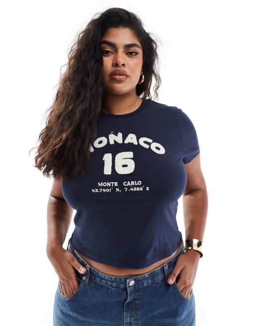 ASOS DESIGN Curve – Kremowy przylegający T-shirt z szenilową grafiką z napisem „Monaco”