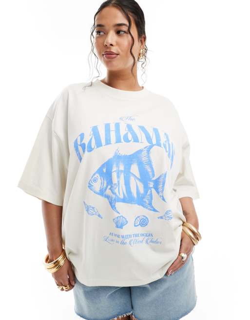 ASOS DESIGN Curve – Kremowy T-shirt o fasonie boyfriend z morską grafiką z napisem „Bahamas”