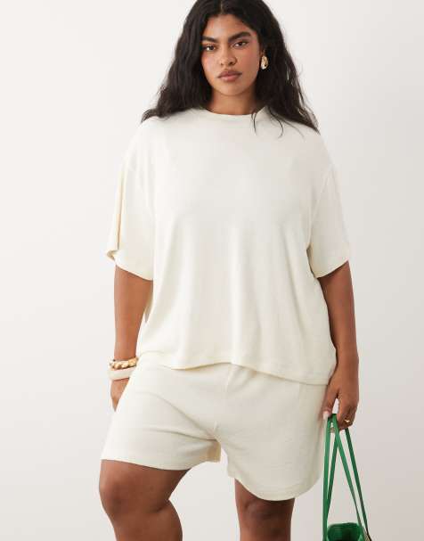 ASOS DESIGN Curve – Kremowy T-shirt oversize z fakturowanej dzianiny, część zestawu - view 1
