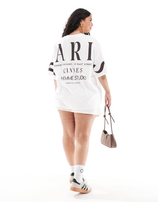 ASOS DESIGN Curve – Kremowy T-shirt oversize z grafiką z motywem Paryża na plecach